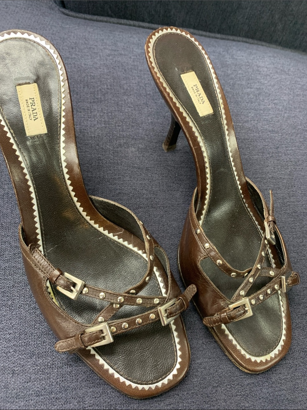 Prada Brown Leather Stud-Trim Slingback Heels